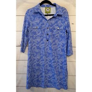 ELIZABETH MCKAY Blue White Circle Print Collared Shirt Dress L
